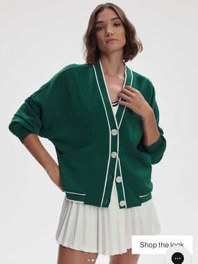 Varley Emerald Green V-Neck Button Cardigan with White Trim NEW
